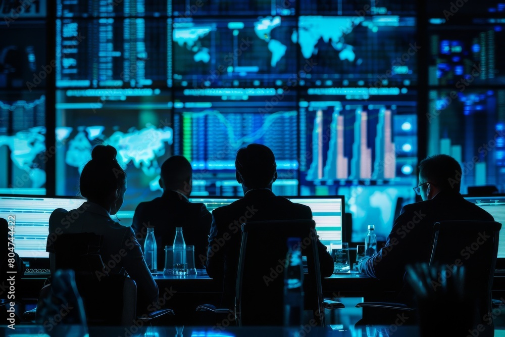 A back view of data analysts engaged in a crucial meeting, discussing insights with illuminated screens around A back view of data analysts engaged in a crucial meeting, discussing insights with illuminated screens around
