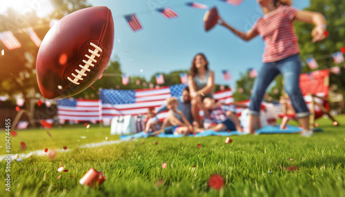 depicting a family engaged in a friendly game of football, with a backdrop of American flags and picnic supplies on a green lawn, Memorial Day, Independence Day, with copy space
