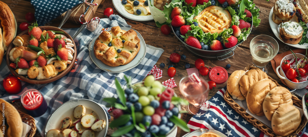 of a serene family picnic scene with a close-up of a table spread featuring traditional American holiday foods and decorations, Memorial Day, Independence Day, with copy space