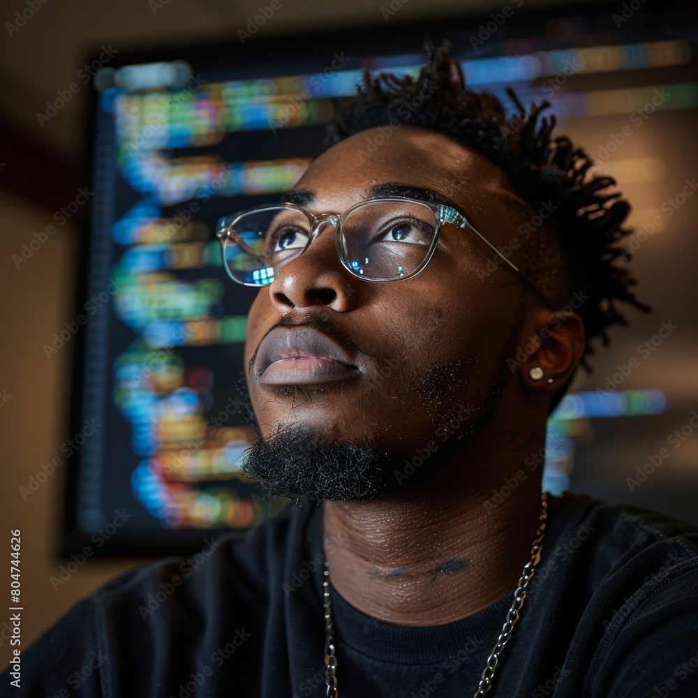 A focused young man with dreadlocks, wearing a black t-shirt and necklace, engaging with multiple illuminated computer screens A focused young man with dreadlocks, wearing a black t-shirt and necklace, engaging with multiple illuminated computer screens