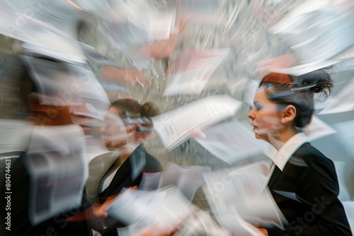 A dynamic image capturing business people with papers swirling around in a blurred, hectic environment