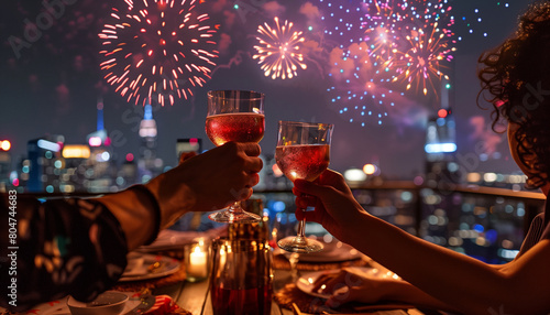 of friends clinking glasses in a toast at a rooftop dinner party, the city skyline in the background lit by fireworks, Memorial Day, Independence Day, with copy space