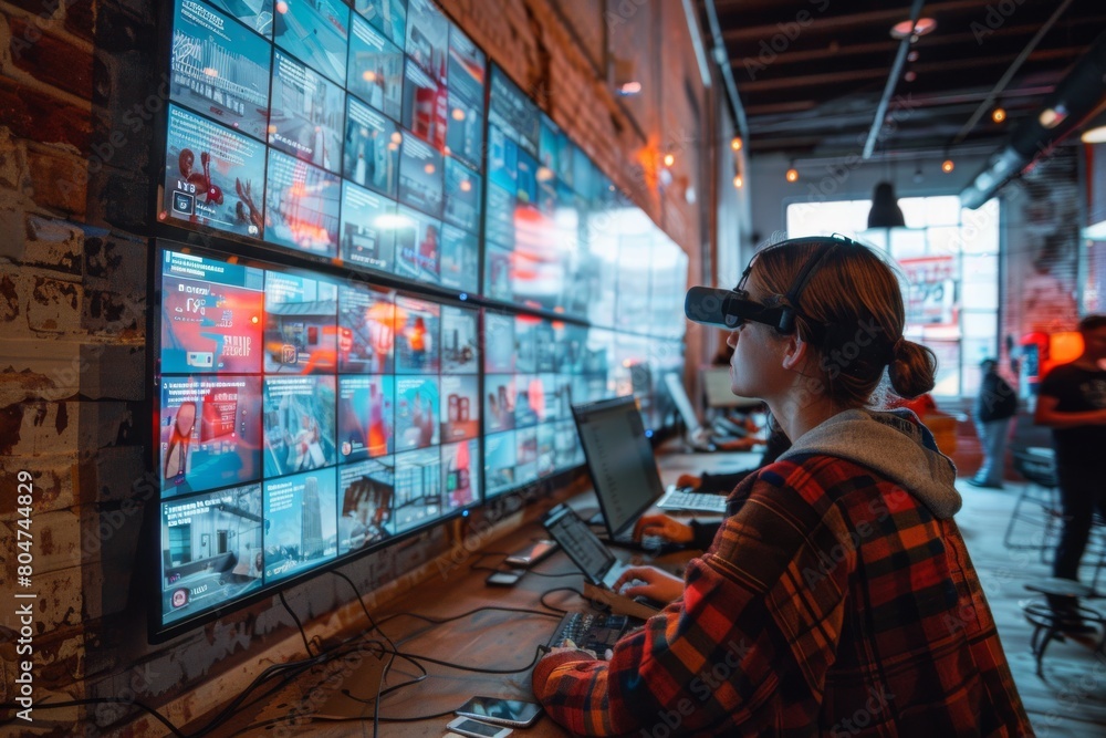 A person engages with a virtual reality headset amidst a creative office environment, surrounded by large data display screens A person engages with a virtual reality headset amidst a creative office environment, surrounded by large data display screens
