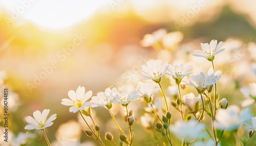 small white flowers in sunlight beautiful summer sunny background selective focus field flowers cerastium banner © Fletcher
