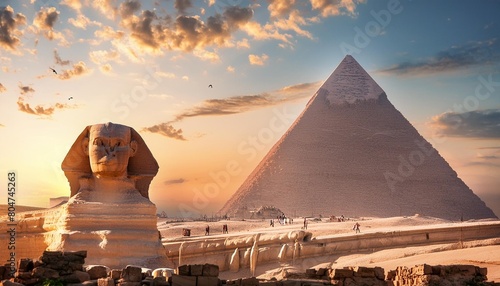 general view of pyramids with sphinx photo
