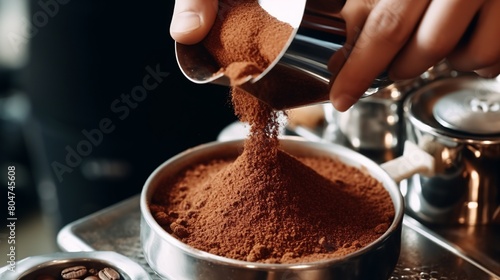 Batista making ground coffee in cafe, closeup. Professional coffee brewing process photo
