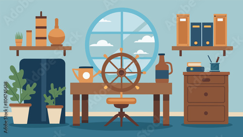 A nauticalthemed home office furnished with a thrifted wooden ship wheel a steamer trunk turned desk and repurposed glass bottles as pen holders.. Vector illustration