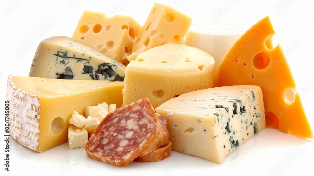 Assorted dairy products including cheese and milk arranged on a clean white background