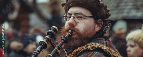 Man playing bagpipes at a historical market event, with onlookers photo