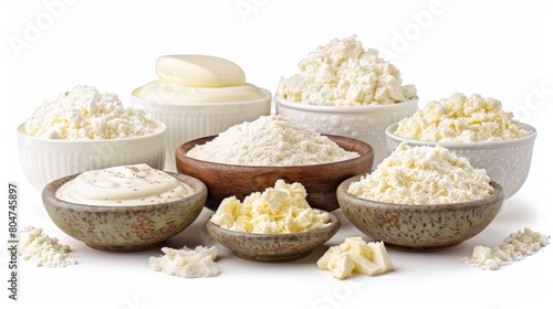 Variety of dairy products including cheese and milk displayed on a clean white background