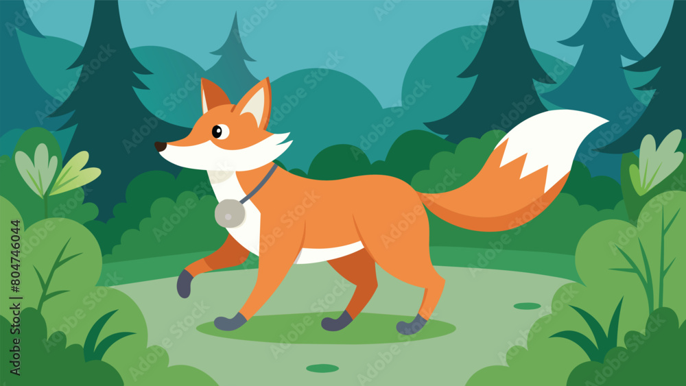 With his fluffy tail held high a sprightly fox trots through a lush forest his sleek grey GPS tag ly visible a the foliage.. Vector illustration With his fluffy tail held high a sprightly fox trots through a lush forest his sleek grey GPS tag ly visible a the foliage.. Vector illustration