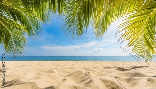 palm tree leaves curtains on sand and blue sky view summer vacation in tropical paradise background