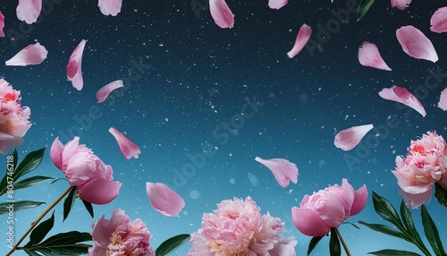 lovely flying pink peonies overlay frame with falling petals isolated on transparent background