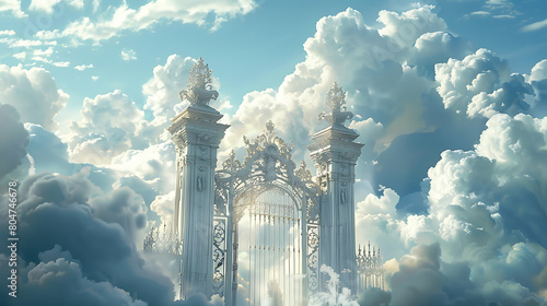 The image portrays a heavenly scene with a grand  ornate gate set amidst fluffy white clouds