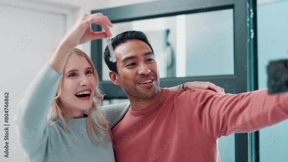 Couple, keys and selfie for new home with moving success, mortgage and purchase of real estate property together. Excited people or young man and woman live streaming and vlogging with lock for house Couple, keys and selfie for new home with moving success, mortgage and purchase of real estate property together. Excited people or young man and woman live streaming and vlogging with lock for house
