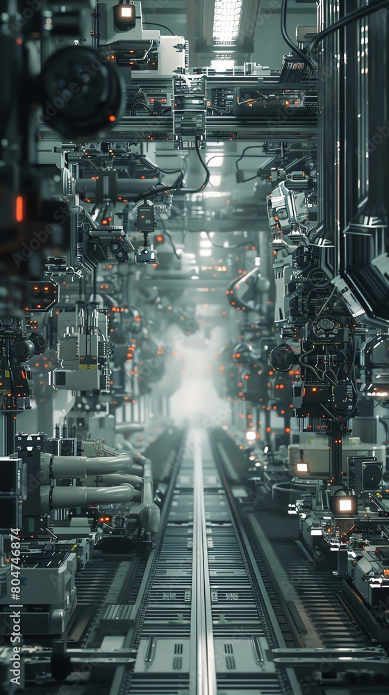 A long, narrow corridor with a conveyor belt running down the middle. The walls are lined with complex machinery and the air is filled with the sound of whirring and clanking. A long, narrow corridor with a conveyor belt running down the middle. The walls are lined with complex machinery and the air is filled with the sound of whirring and clanking.