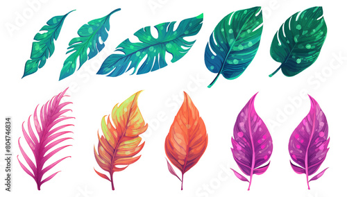 Set of vibrantly green tropical leaves, each unique, isolated on a white background on grunge oil painted style