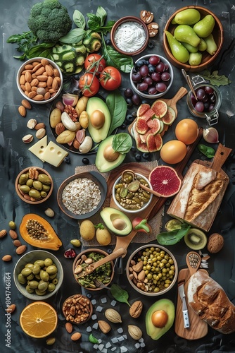 2D illustrate of A balanced diet spread captured from above in a styled food shot