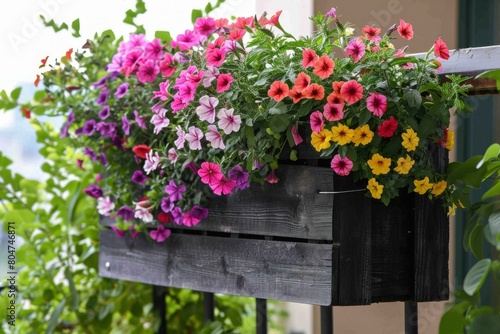 Lush Balcony boxes flowers. Home colorful plants decorative pots. Generate Ai