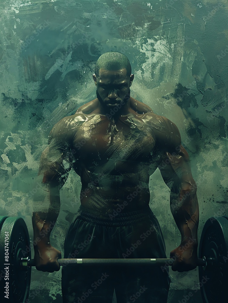 A muscular African-American man with a determined expression on his face lifts a heavy barbell A muscular African-American man with a determined expression on his face lifts a heavy barbell