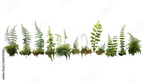 Green fern garden with moss-covered rocks and soil  isolated on white background.