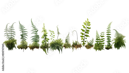 Green fern garden with moss-covered rocks and soil, isolated on white background.