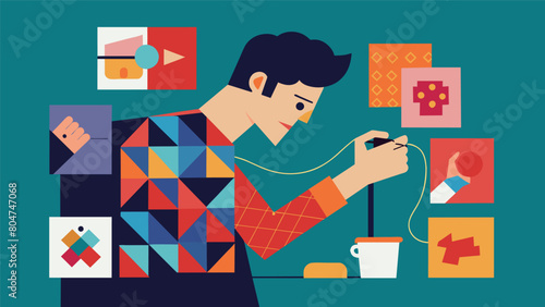 With careful precision an artist uses thread to sew together a series of photographs forming a patchwork of memories for a cover of a nostalgic Vector illustration