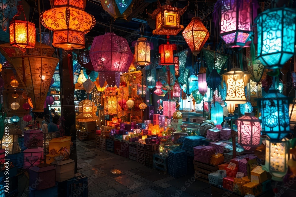 A beautiful and vibrant display of colorful lanterns in a market