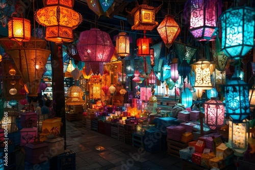 A beautiful and vibrant display of colorful lanterns in a market © JK_kyoto