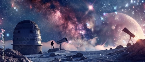 An astronomer stands on a distant planet  looking out at the stars. There is a large telescope next to him. The sky is full of stars and galaxies.