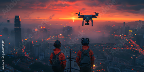 Specialists Use Drone on Construction Site. Architectural Engineer and Safety Engineering Inspector Fly Drone on Building Construction Site Controlling Quality. Focus on Drone