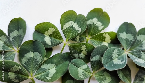 four leaf clovers on white background realistic natural leaves natural background little green trefoil symbol of st patrick s day isolated on white background photo
