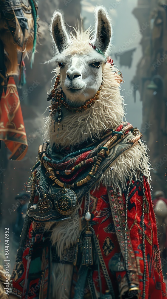 A llama wearing a red and gold ceremonial robe stands in front of a crowd of people.