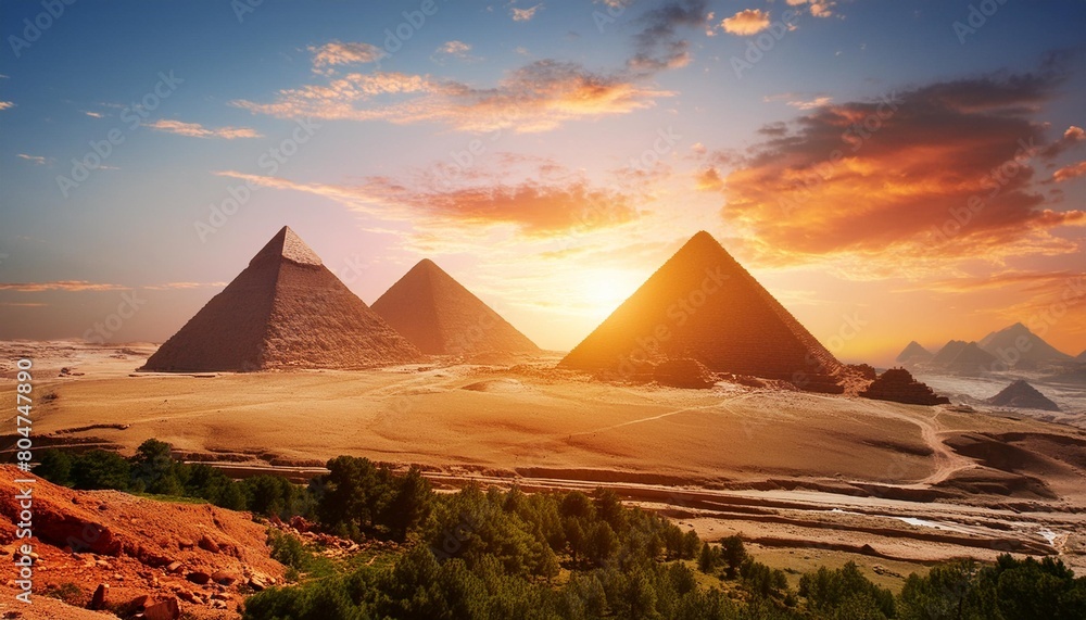 landscape with ancient egyptian pyramids beautiful sunset ai generation