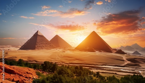 landscape with ancient egyptian pyramids beautiful sunset ai generation © Yesenia