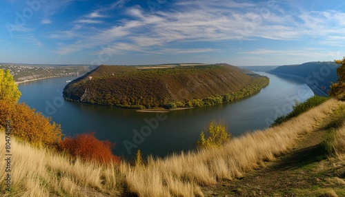 scenic panorama view of dnister river in ukraine incredible nature landscape amazing autumn scenery majestic calm river and perfect sky over dnister canyon of ukraine popular touristic landsmarks photo