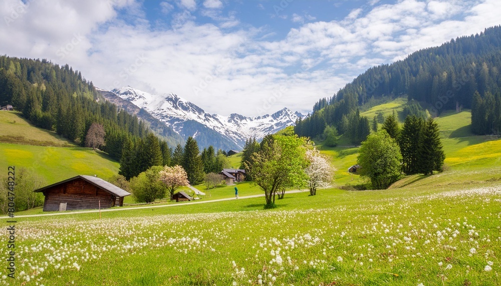 idyllic mountain scenery in the alps with lush blooming meadows in springtime
