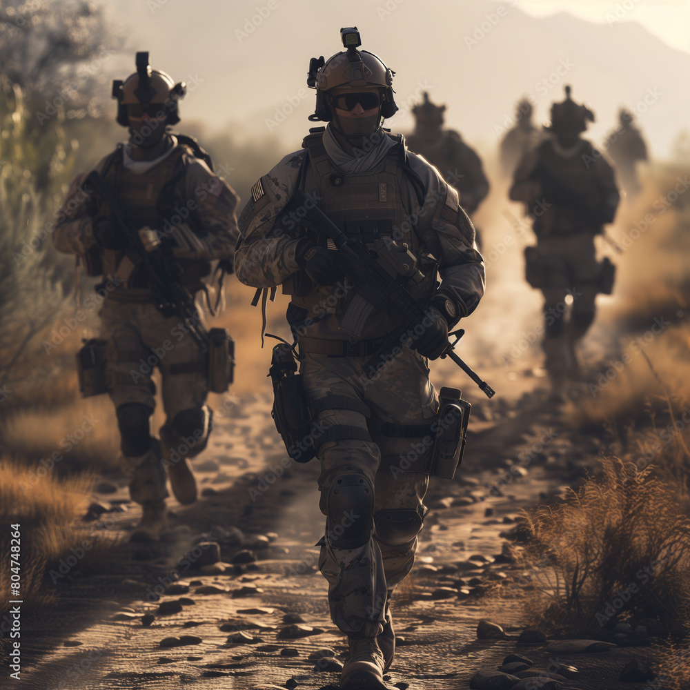 Soldiers Running During a Tactical Exercise in Desert Terrain
Soldiers Running During a Tactical Exercise in Desert Terrain