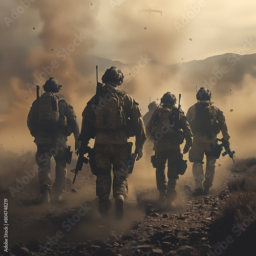 Soldiers Advancing Through Smoke in a Hostile Environment 