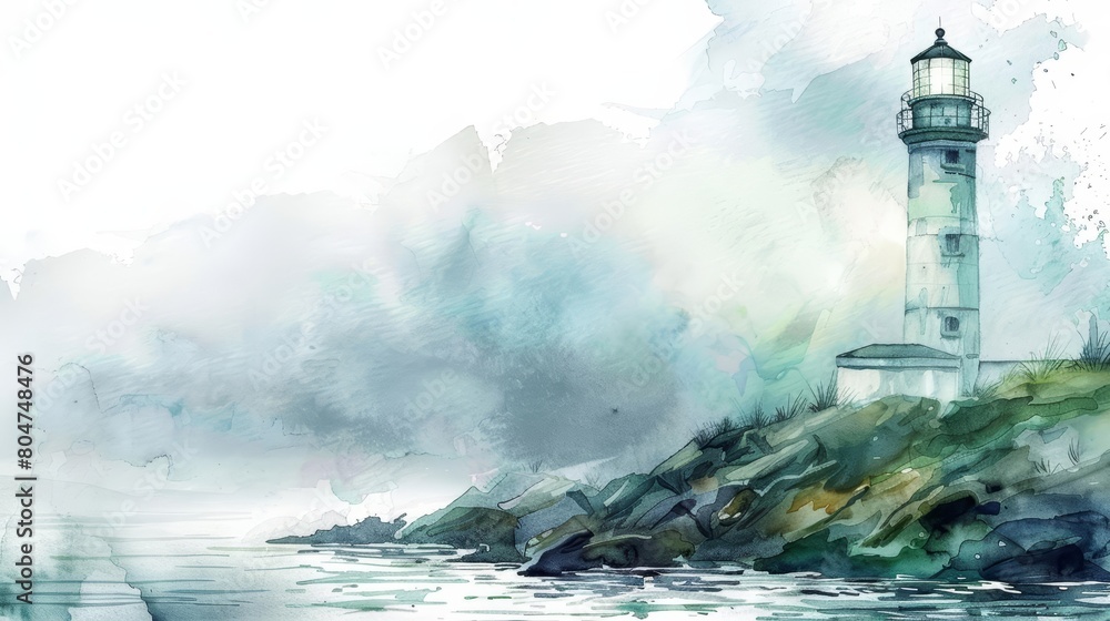 Create a watercolor painting of a lighthouse on a rocky coast