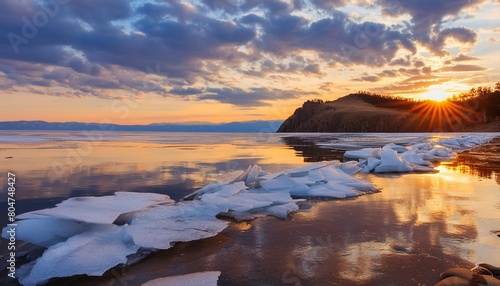 melting ice on baikal lake in spring clouds over the lake at sunrise baikal lake siberia russia