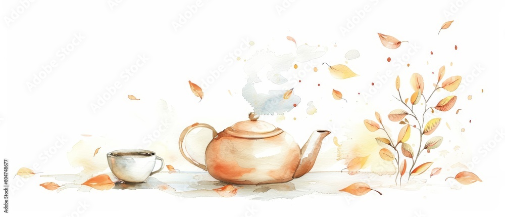 Watercolor illustration of a teapot and teacup with autumn leaves. The perfect cozy scene for a relaxing afternoon. Watercolor illustration of a teapot and teacup with autumn leaves. The perfect cozy scene for a relaxing afternoon.