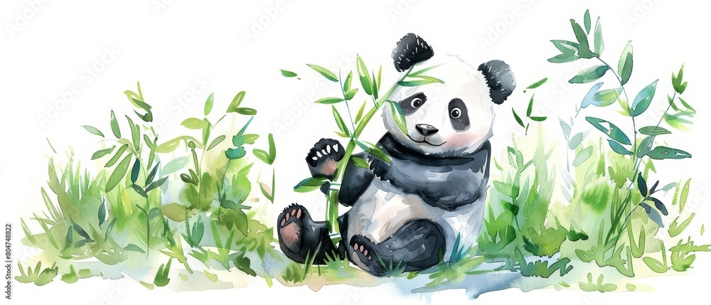 A cute watercolor illustration of a baby panda sitting in a bamboo forest. The panda is surrounded by lush green bamboo leaves and is nibbling on a stalk of bamboo. A cute watercolor illustration of a baby panda sitting in a bamboo forest. The panda is surrounded by lush green bamboo leaves and is nibbling on a stalk of bamboo.