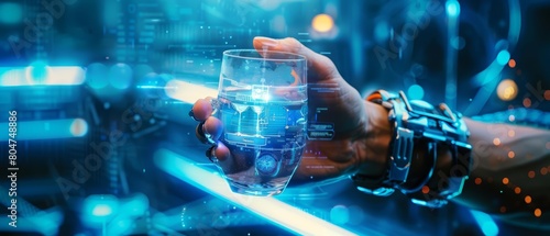 A hand holding a glass of water. The glass is being held up to the light, and the water is reflecting the light. The background is a blur of blue and green lights.