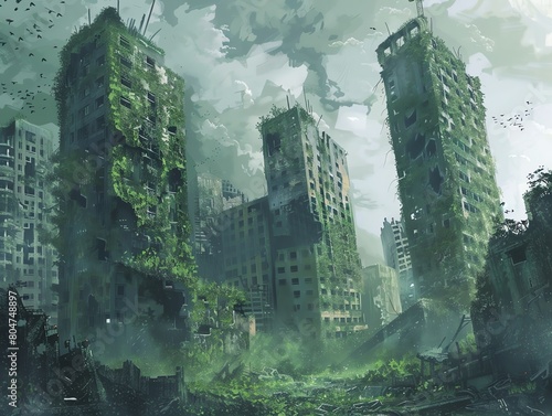A photo of the aftermath of an apocalyptic event. The city is in ruins  with buildings overgrown with vegetation. The sky is dark and cloudy  and there are birds flying overhead.