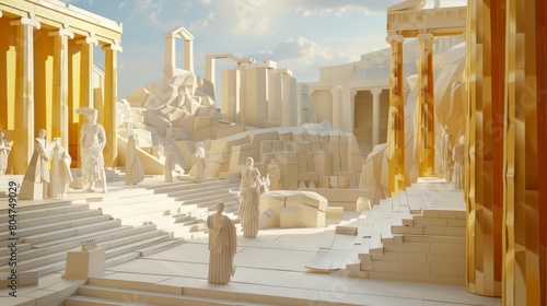 A beautiful ancient Greek city with white marble buildings and gold statues.