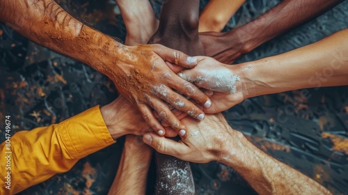 Hands joining together of diverse people photo