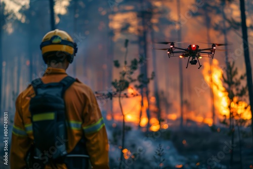 A firefighter in protective gear stands in a fire-ravaged forest, watching as a drone flies overhead, assessing the damage.