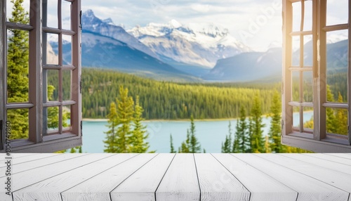 beautiful scenery empty white wooden table banff national park view blurred bokeh out of an open window product display defocus bokeh blurred background with sunlight product display template photo