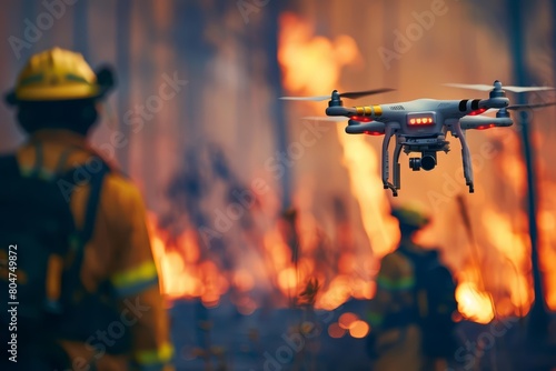 A firefighter battles a wildfire as a drone flies overhead, capturing footage of the destruction